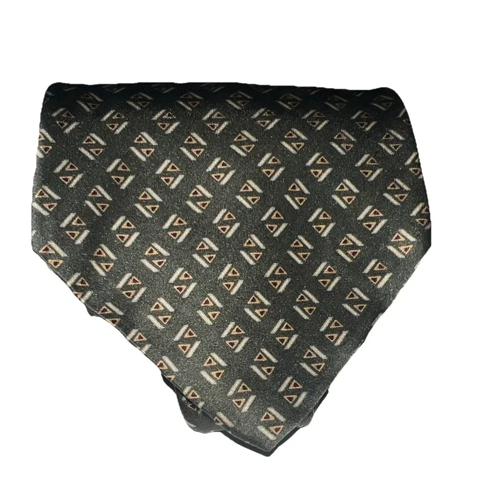 VINTAGE  NEO Bill Blass Tie Green‎ , Yellow Geometric 100% Silk